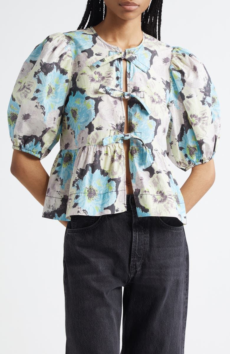 Ganni Print Puff Sleeve Peplum Organic Cotton Top, Main, color, White Multicolor