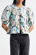 Ganni Print Puff Sleeve Peplum Organic Cotton Top
