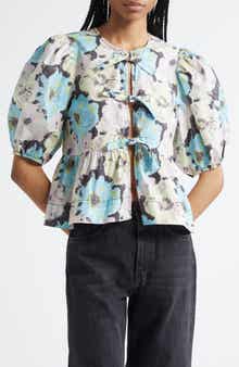 Ganni Print Puff Sleeve Peplum Organic Cotton Top