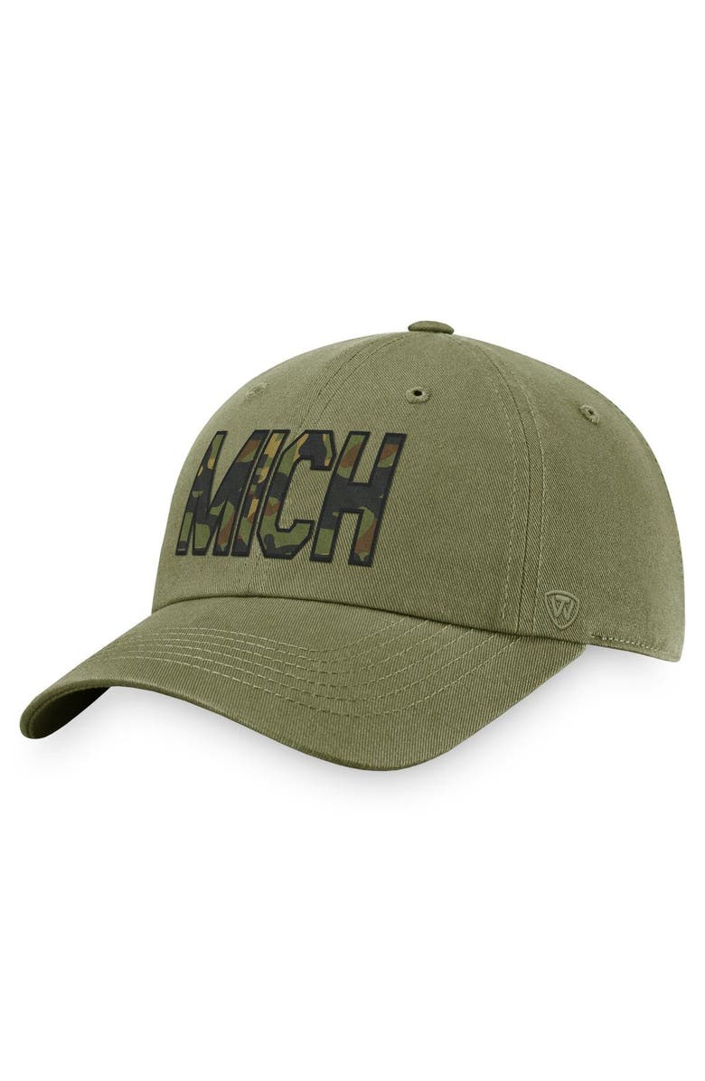 TOP OF THE WORLD Men's Top of the World Olive Michigan Wolverines OHT Military Appreciation Unit Adjustable Hat, Main, color, Olive