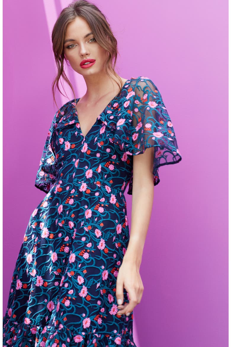 Virginia Cape Sleeve Embroidered Dress, Alternate, color, NAVY MULTI