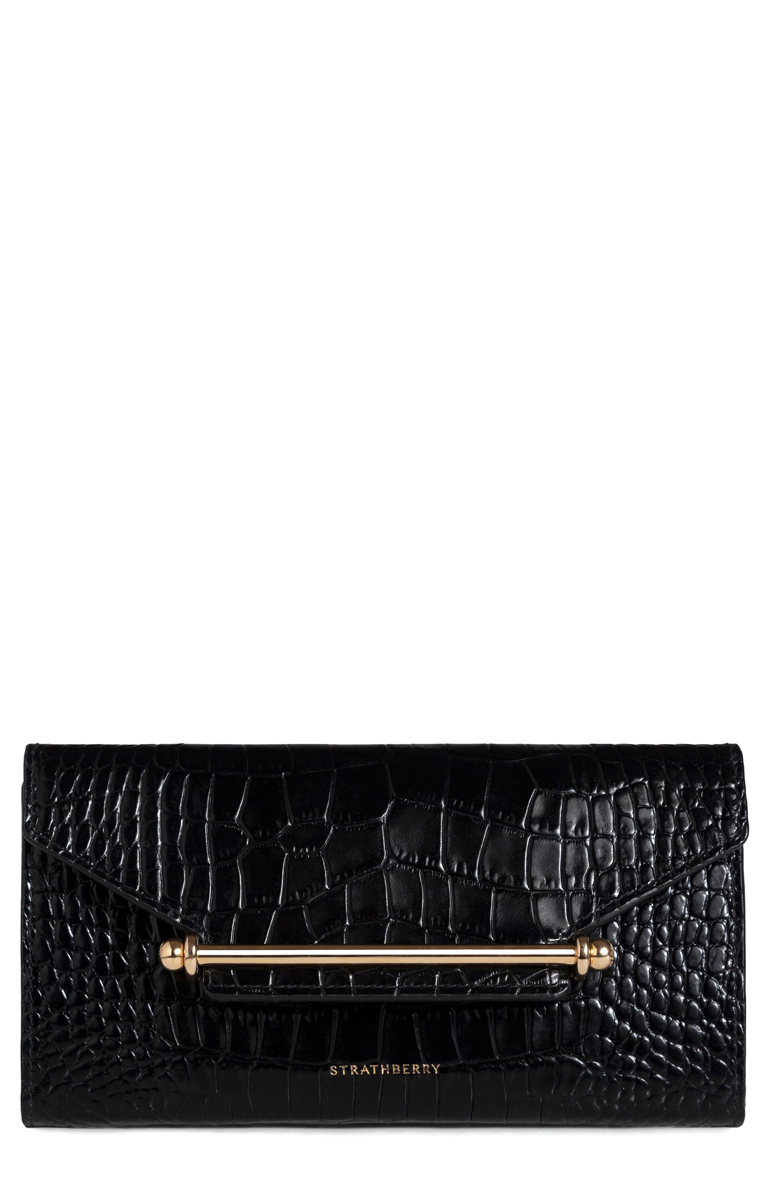 Multrees Croc Embossed Leather Wallet on a Chain, Main, color, BLACK
