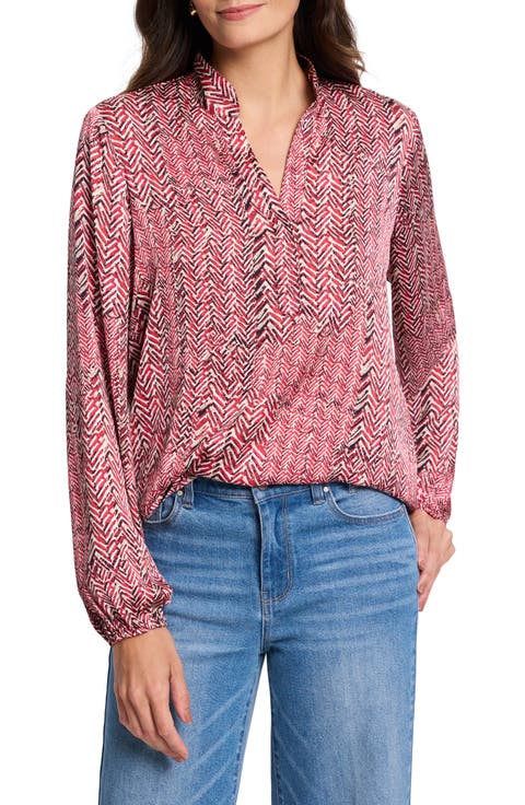 Herringbone Print Split Neck Top (Regular & Petite)
