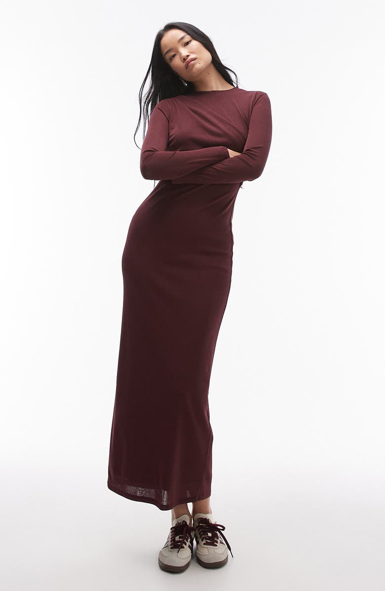Topshop Ruched Long Sleeve Dress, Main, color, Burgundy