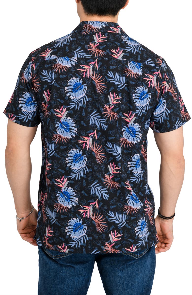 CONSTRUCT Slim Fit Monstera Leaves Camp Shirt, Alternate, color, Black