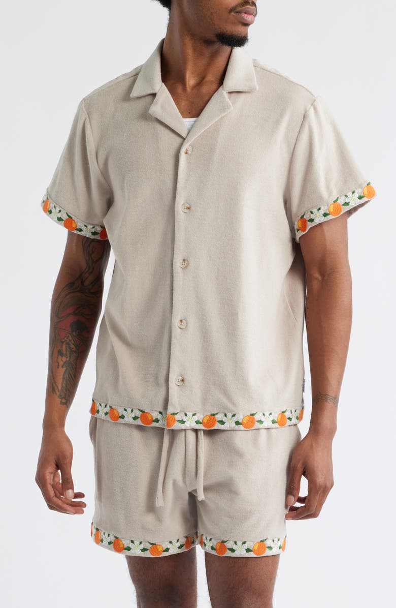 MAVRANS Orange Terry Cloth Camp Shirt, Alternate, color, Tan/ Orange Multi