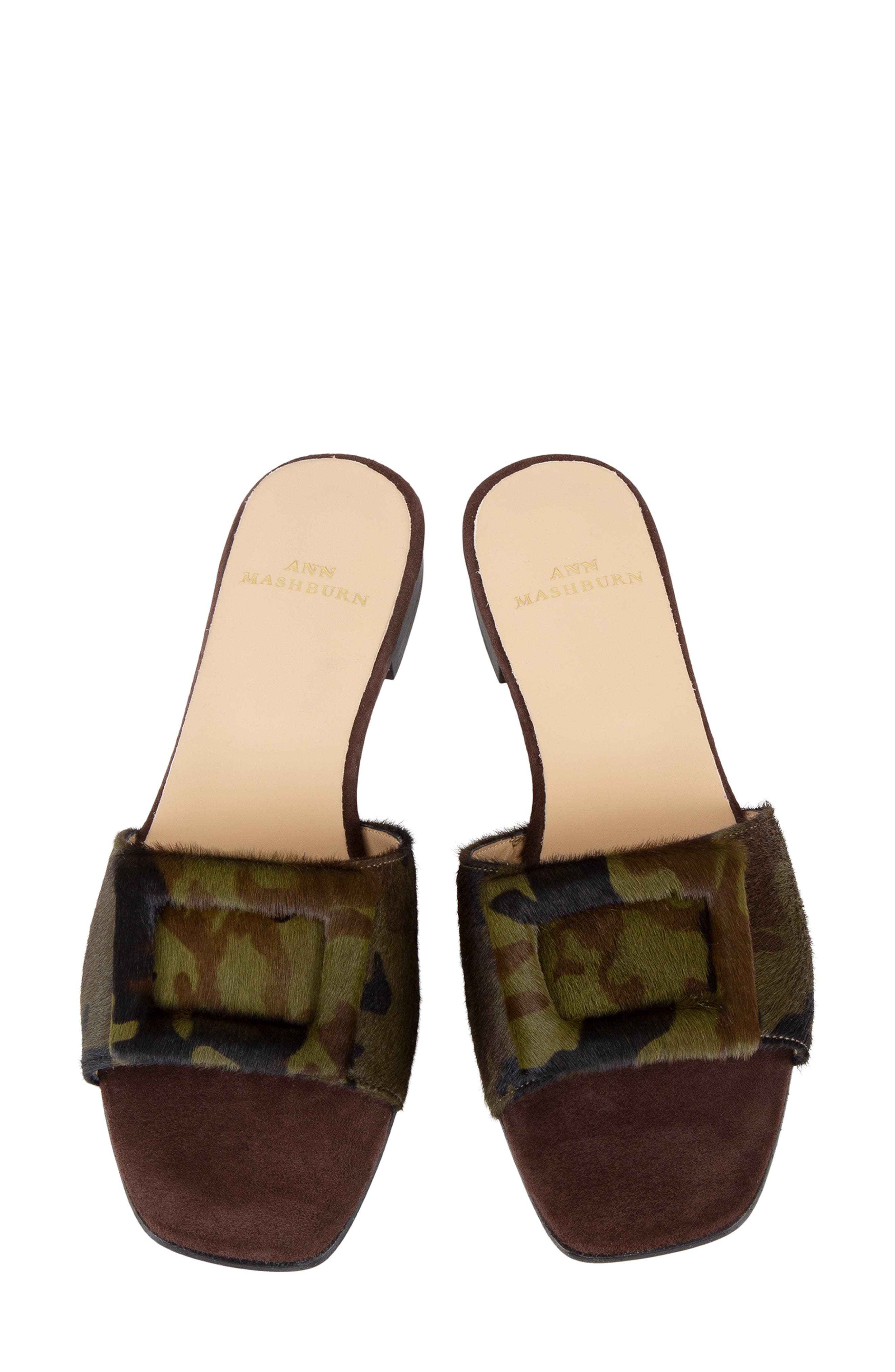 ANN MASHBURN Buckle Detail Camo Calf Hair Slide Sandal, Alternate, color, 