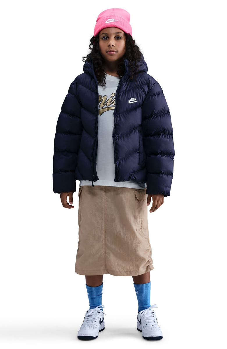 Nike Kids' Sportswear All Day Therma-FIT Quilted Hooded Puffer Jacket, Alternate, color, Midnight Navy/ White