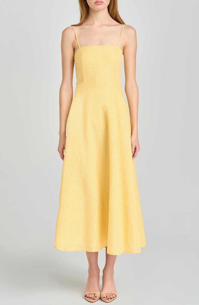 WAYF Josefina Gingham Fit & Flare Midi Dress, Main, color, Yellow