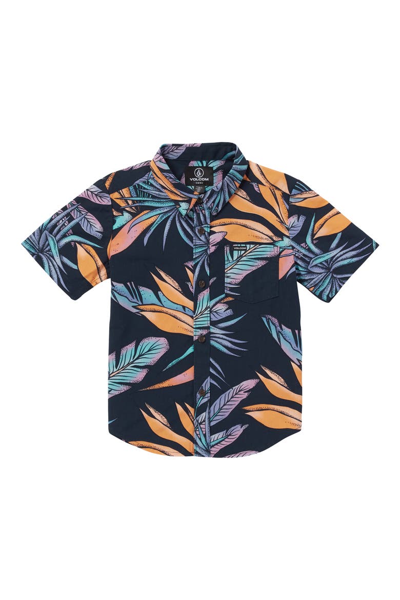 Kids' Indospray Floral Short Sleeve Button-Up Shirt, Main, color, NAVY