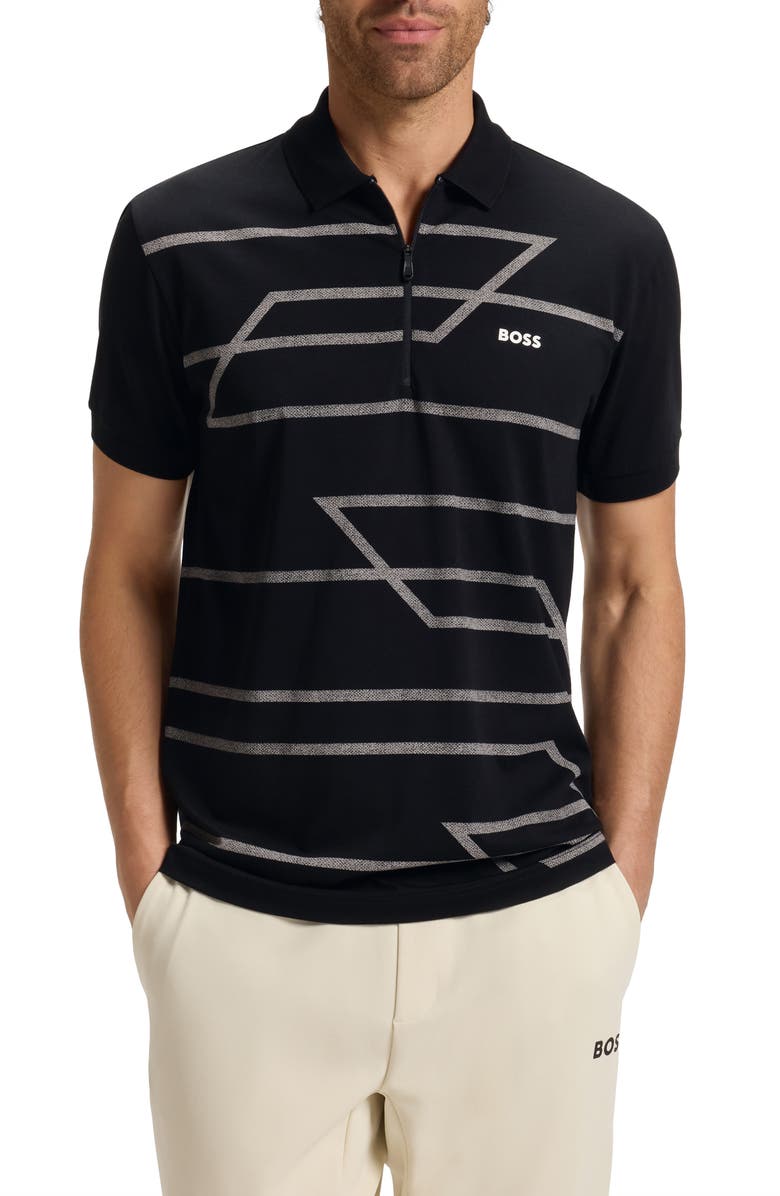 BOSS Phlix Geometric Print Cotton Zip Polo, Main, color, Black