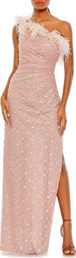 Mac Duggal Embellished One Shoulder Gown w/ Ostrich Feathers