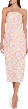 Milly Kait Floral Embroidered Strapless Midi Dress