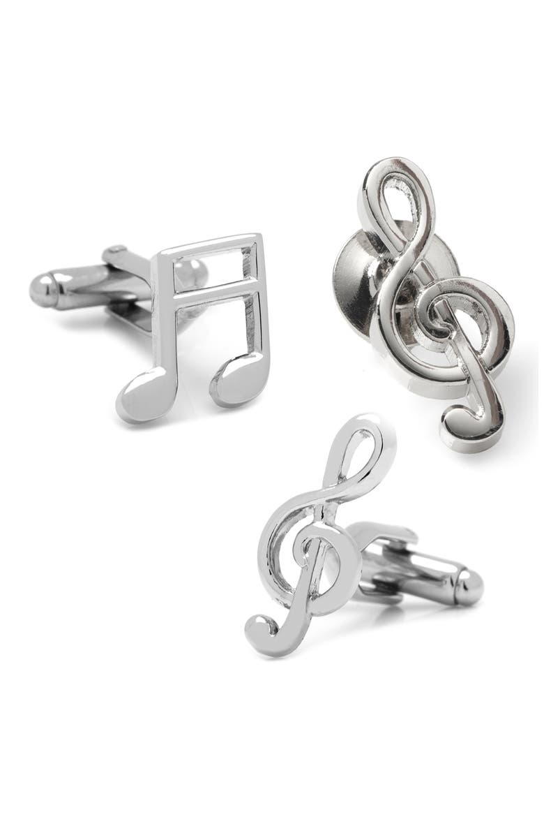 Music Notes Lapel Pin & Cuff Links Set, Main, color, SILVER