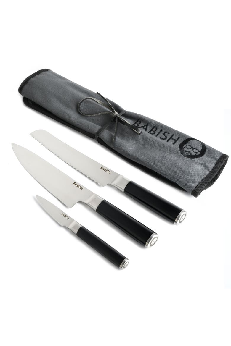 3-Piece High Carbon German Steel Cutlery Set with Knife Roll, Alternate, color, Stainless Steel
