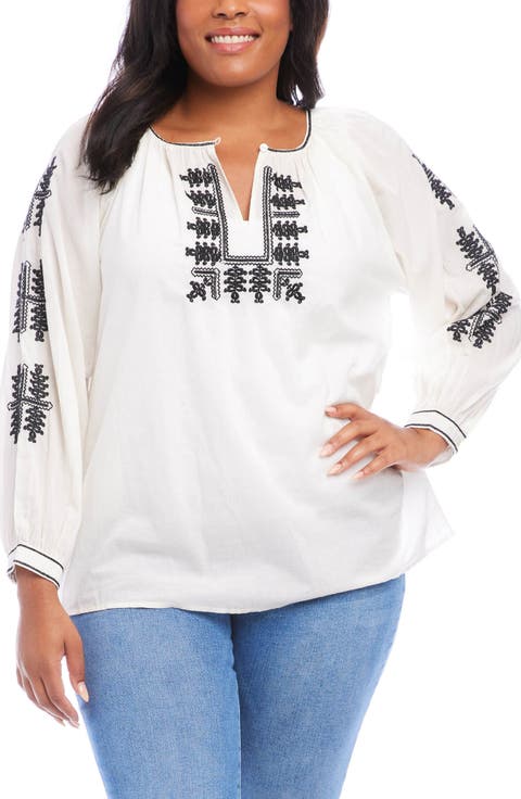Embroidered Cotton Peasant Blouse (Plus Size)
