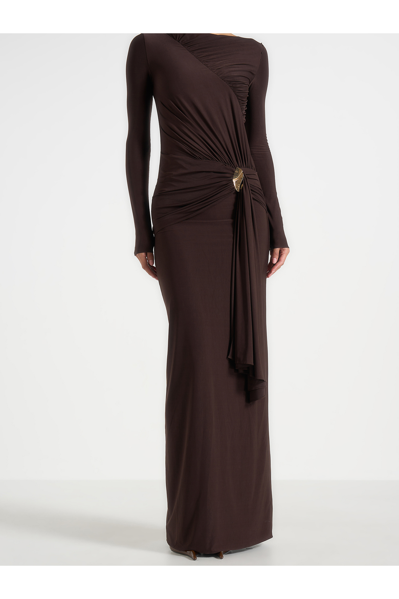 Edena Asymmetric Ruched Draped Maxi Dress, Alternate, color, Brown