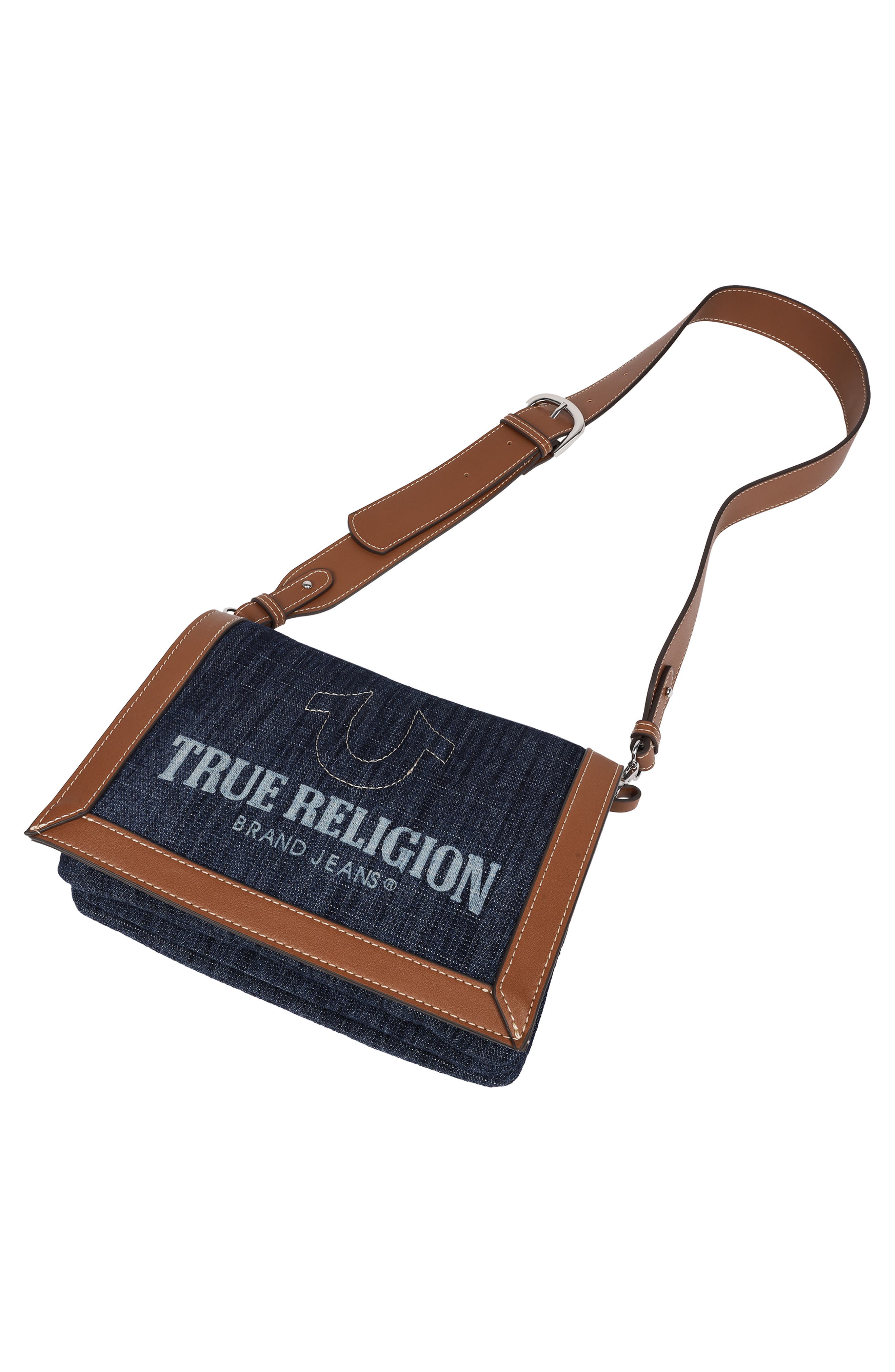 True Religion Logo Saddle Crossbody Bag, Alternate, color, Dark Denim