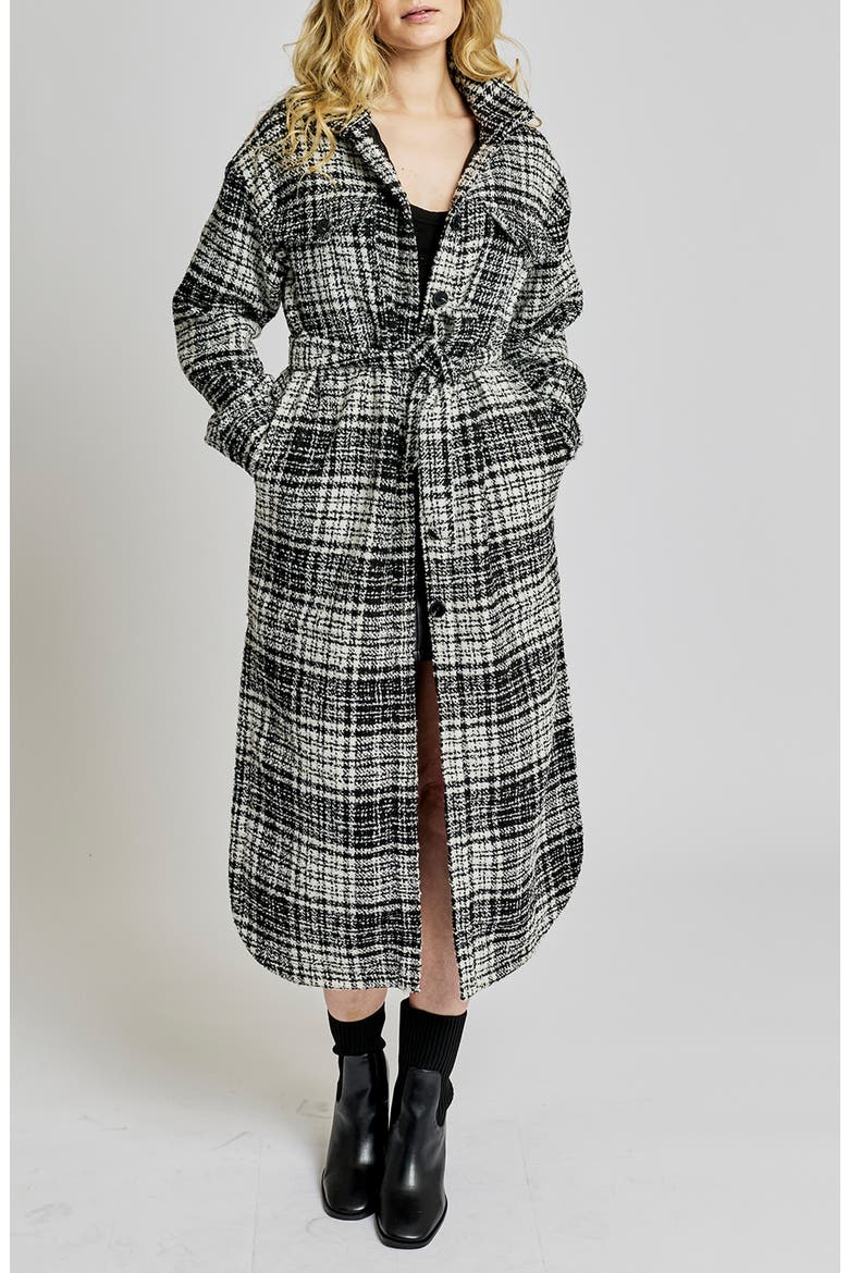 Hayley Plaid Belted Long Coat, Main, color, BLACK