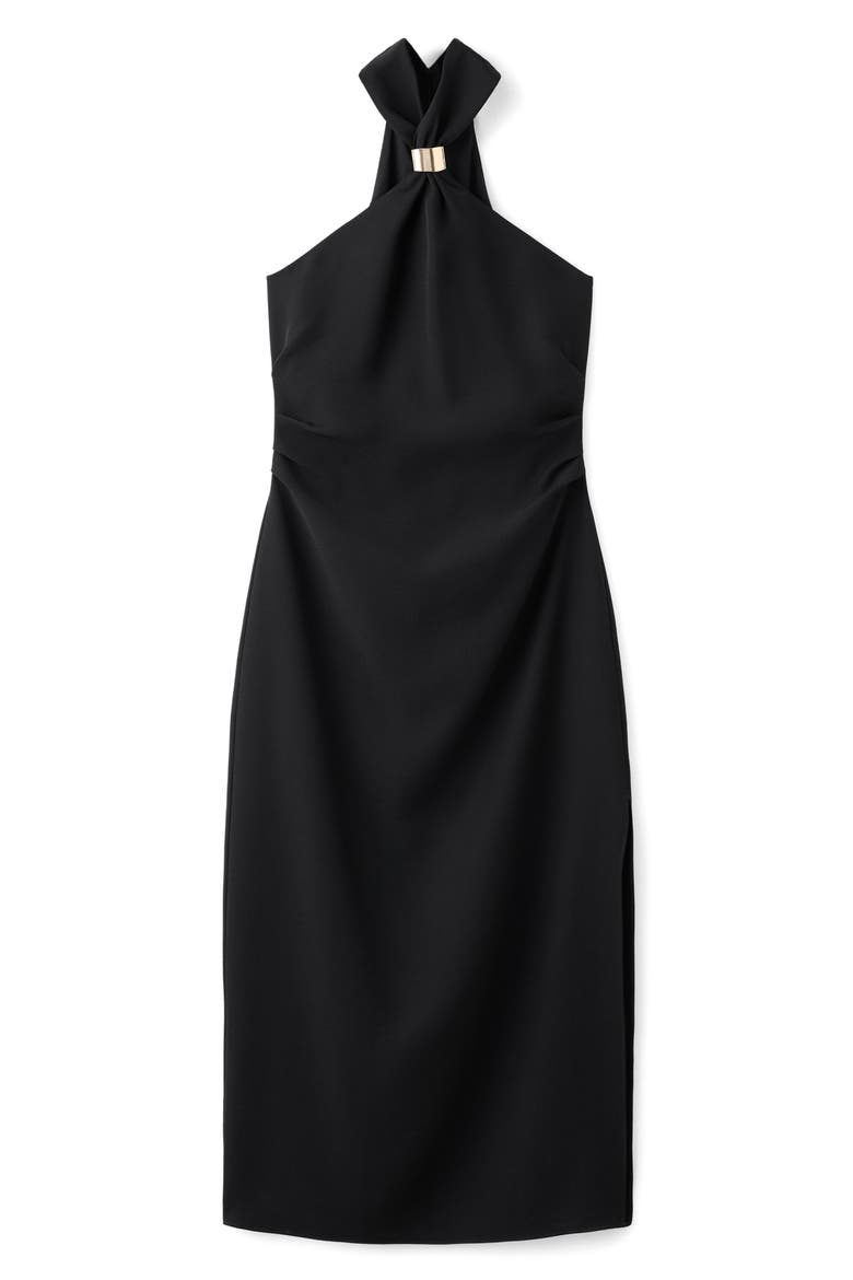 Pleated Mock Neck Midi Dress, Main, color, BLACK