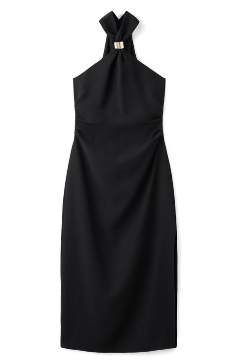 Pleated Mock Neck Midi Dress