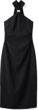 MANGO Pleated Mock Neck Midi Dress