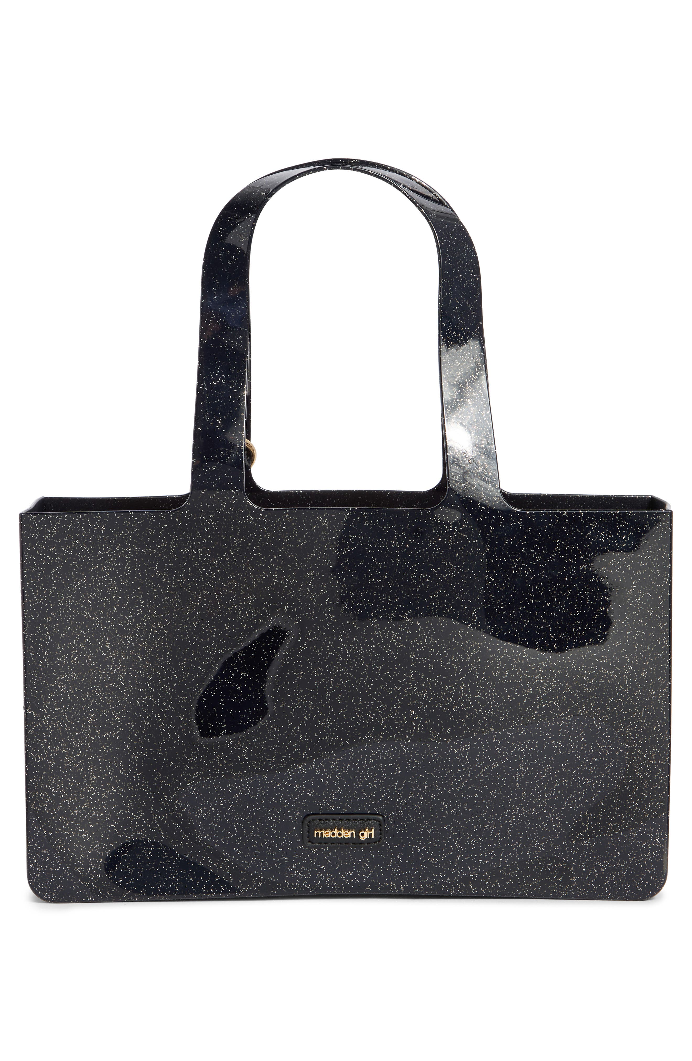 Madden Girl Jelly Midsize Tote Bag, Alternate, color, Black Glitter