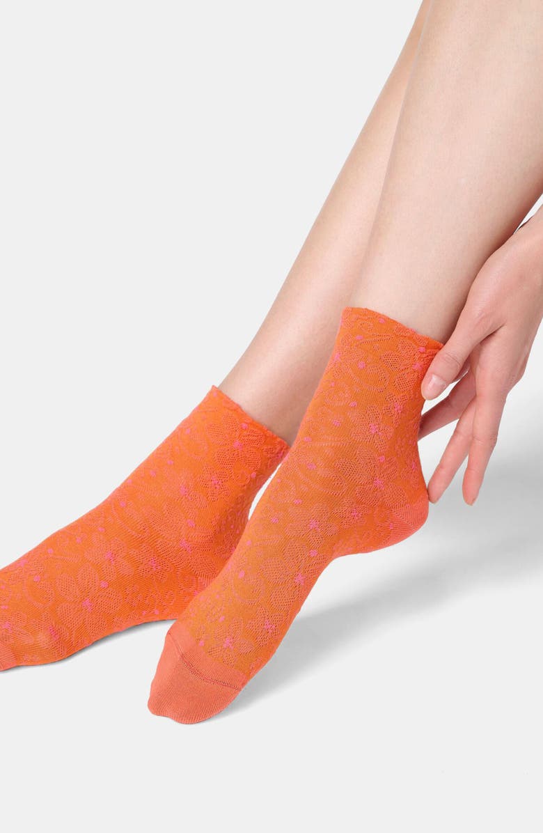 Oroblu Floral Jacquard Crew Socks, Alternate, color, Salmon