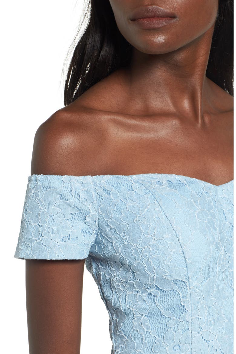 Lace Off the Shoulder Fit & Flare Dress, Alternate, color, WASHED BLUE