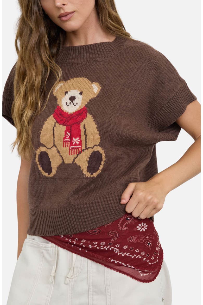 Teddy Bear Jacquard Short Sleeve Sweater, Alternate, color, BROWN