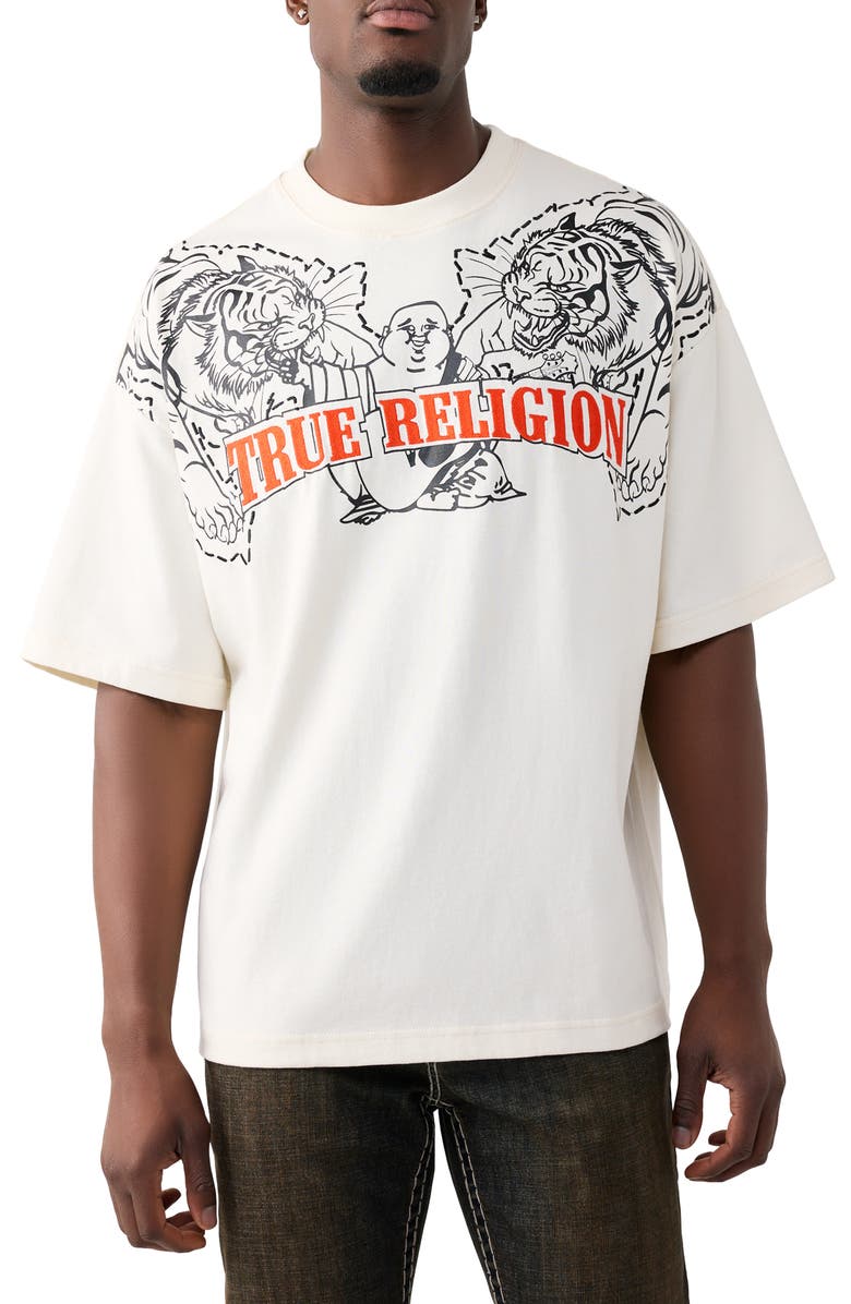 True Religion Tiger Logo Oversize Cotton Graphic T-Shirt, Main, color, Winter White