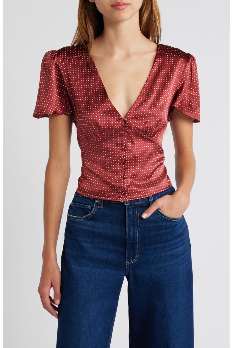 Miso Polka Dot Crop Button Front Silk Top, Main, color, OXBLDTRAVT