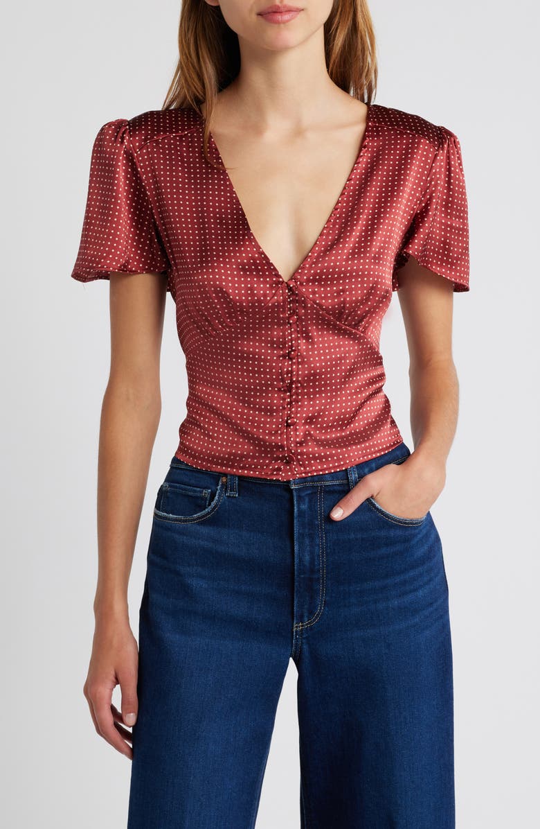 PAIGE Miso Polka Dot Crop Button Front Silk Top, Main, color, Oxblood/ Travertine