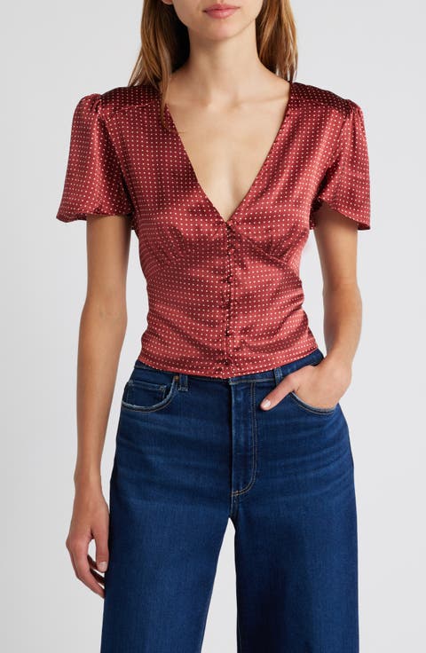 Miso Polka Dot Crop Button Front Silk Top