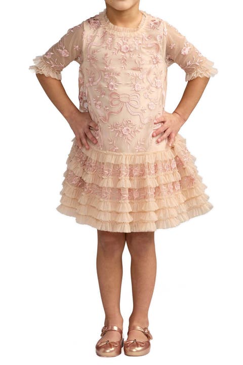 Girls Micro Ruffle Embroidered Mini Dress