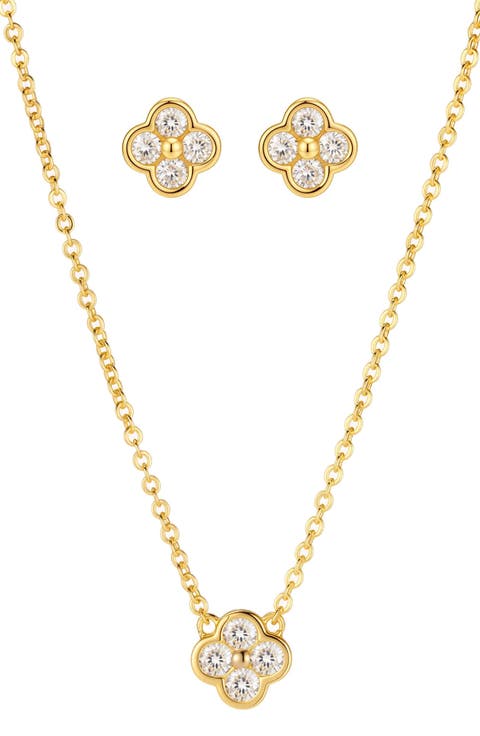 Cubic Zirconia Clover Necklace & Earrings Set
