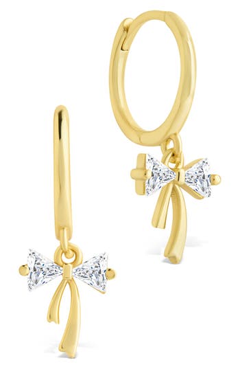 Sterling Forever Cubic Zirconia Bow Drop Huggie Hoop Earrings In Gold