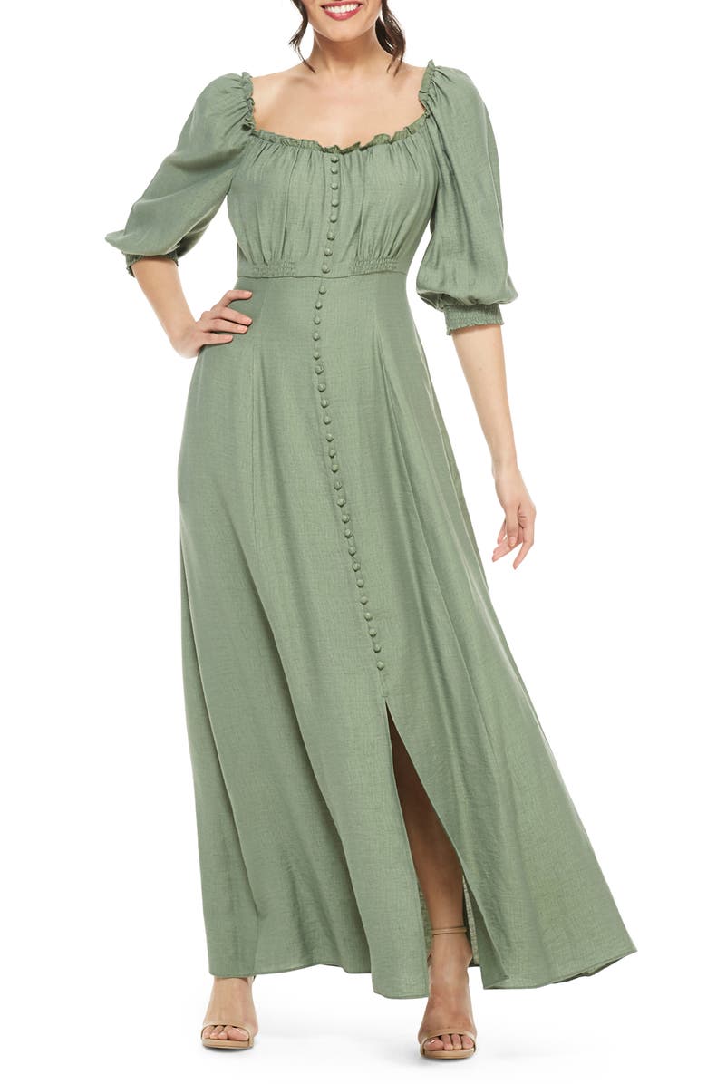 Gal Meets Glam Collection Joanna Shirred Neck Button Front Maxi Dress, Main, color, 