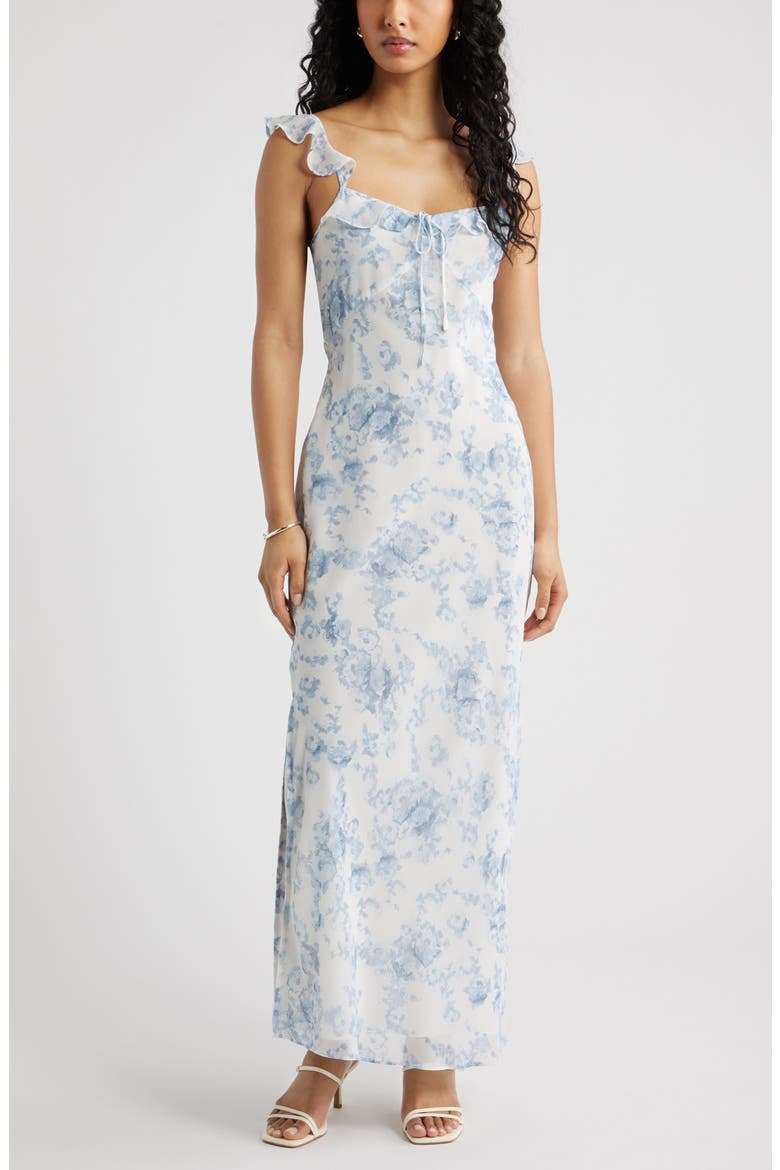 Ruffle Chiffon Maxi Dress, Main, color, BLUE TAPESTRY BLUR