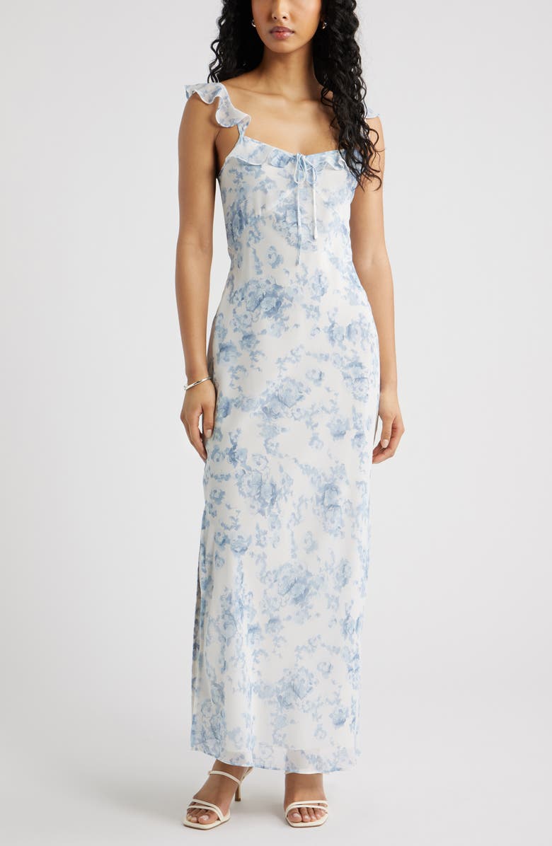 Open Edit Ruffle Chiffon Maxi Dress, Main, color, Blue Tapestry Blur