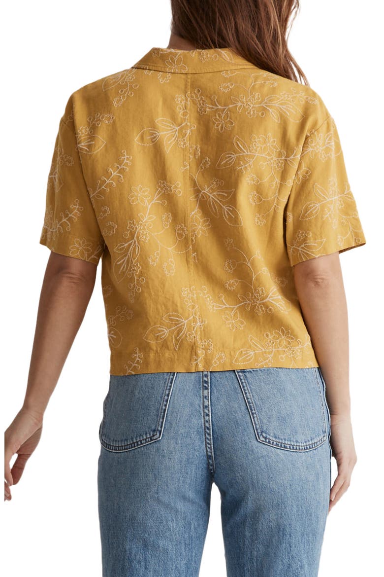 Resort Embroidered Linen Blend Crop Button-Up Shirt, Alternate, color, GILDED CHARTREUSE