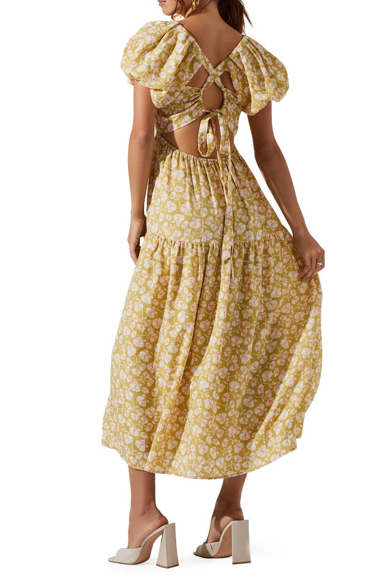 Puff Sleeve Floral Cotton Midi Dress, Alternate, color, OLIVE PEACH FLORAL