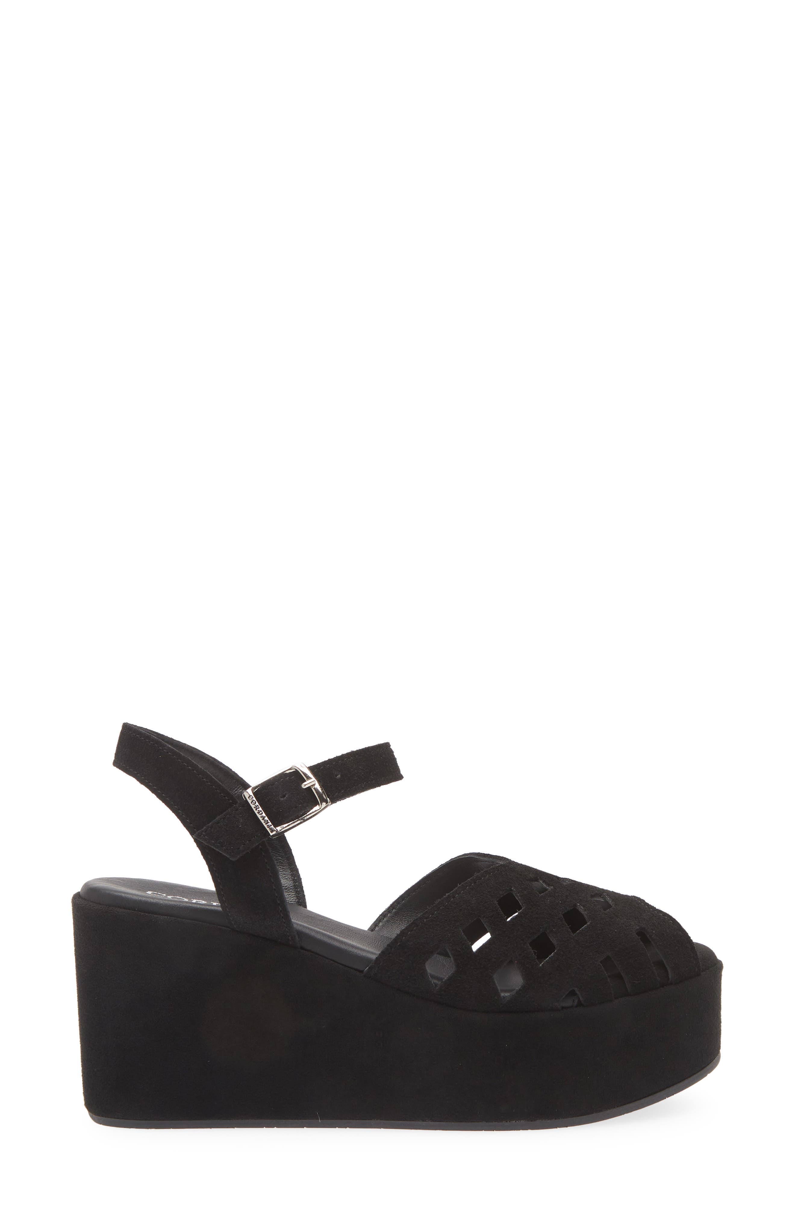 Cordani Jaymie Ankle Strap Peep Toe Platform Wedge Sandal, Alternate, color, Black Suede