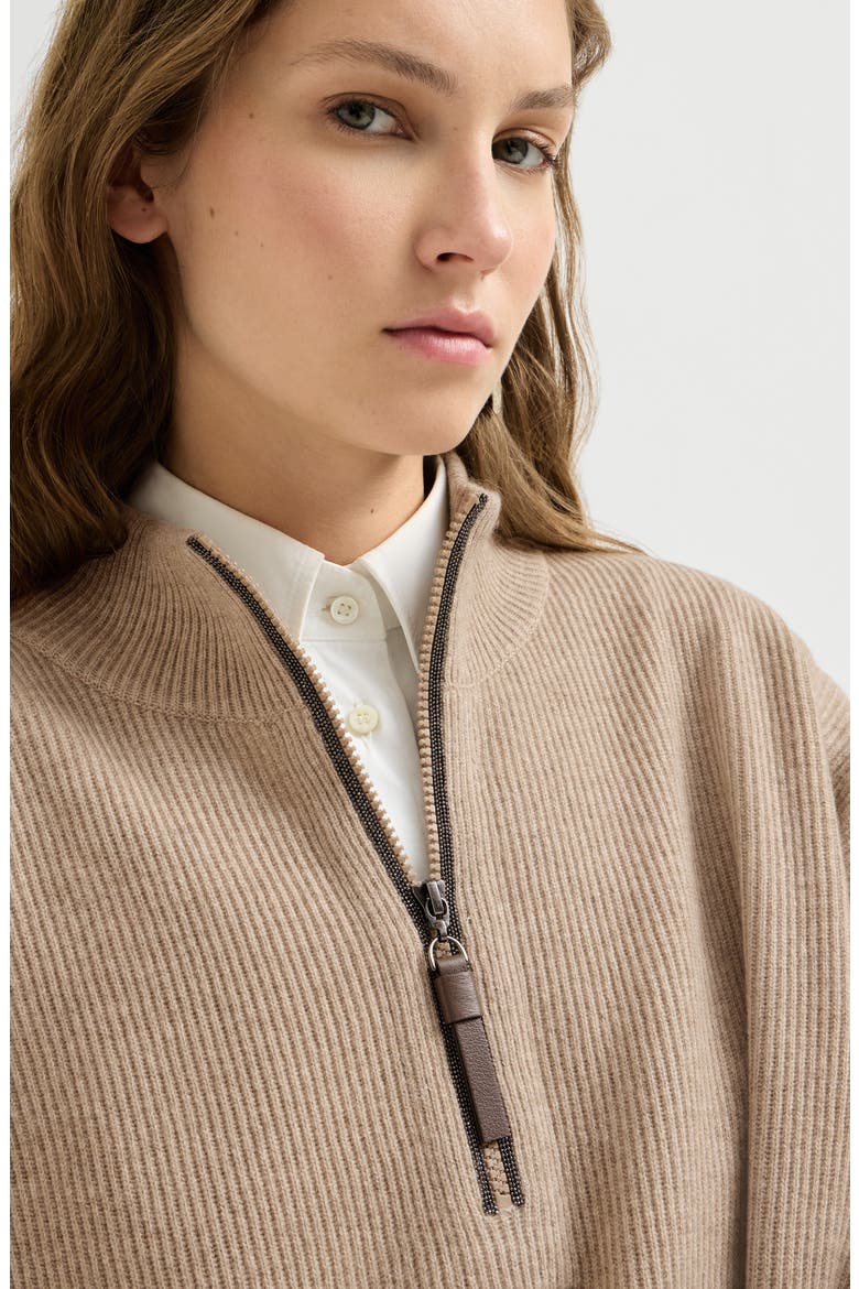 Virgin wool, cashmere and silk rib knit dress with precious half zip, Alternate, color, Beige