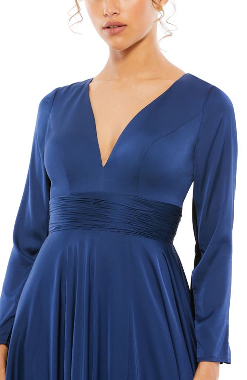 Mac Duggal Long Sleeve Ruched Waist A-line Gown In Midnight