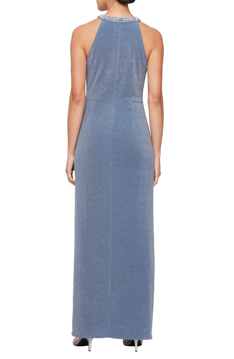 Alex Evenings Faux Pearl Detail Metallic Knit Sheath Gown, Alternate, color, Wedgewood