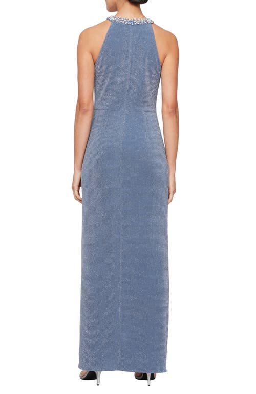 Alex Evenings Faux Pearl Detail Metallic Knit Sheath Gown In Wedgewood