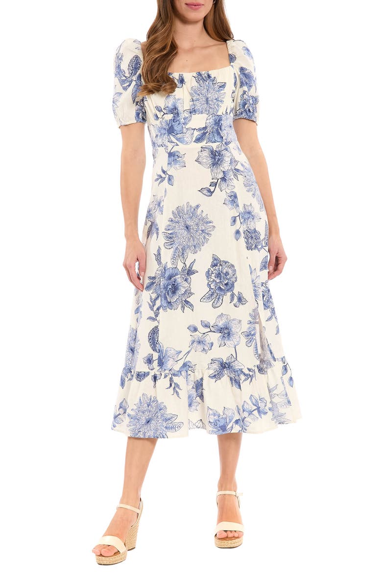 Floral Puff Sleeve Empire Waist Sheath Midi Dress, Main, color, SOFT WHITE/ SLATE AQUA