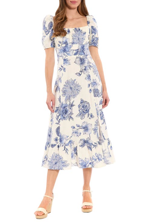 Floral Puff Sleeve Empire Waist Sheath Midi Dress (Petite)