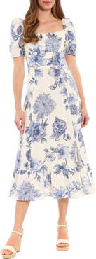 London Times Floral Puff Sleeve Empire Waist Sheath Midi Dress